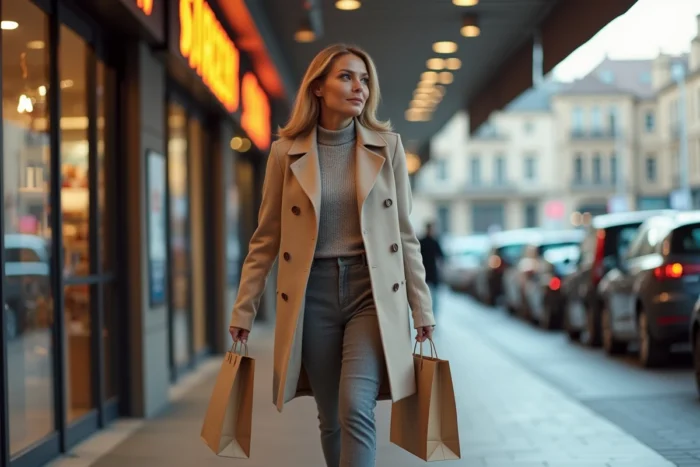 Femme élégante portant des vêtements achetés chez Intermarché devant l'entrée d'un supermarché illustrant le rapport qualité-prix des collections femme