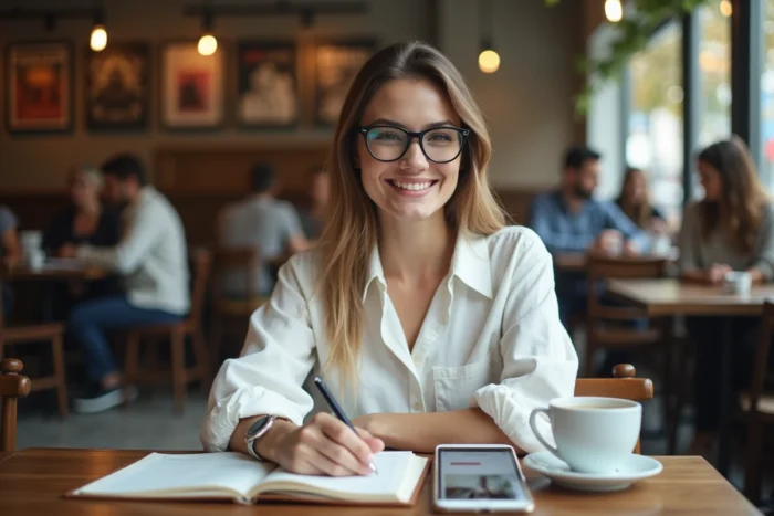 Jeune femme entrepreneur travaillant sur son projet de side business dans un café urbain avec son smartphone et un carnet de notes