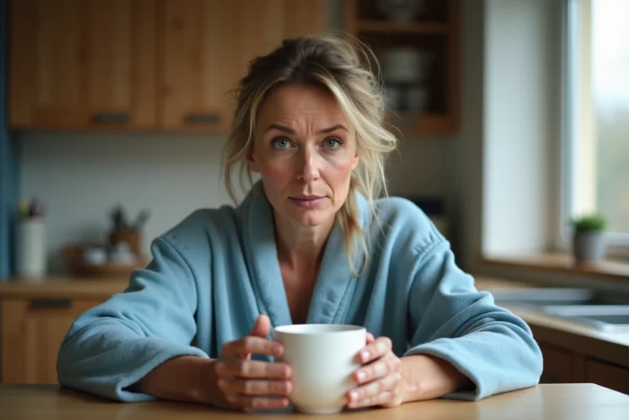 Femme fatiguée tenant une tasse de café le matin à cause de nuits perturbées par le ronflement