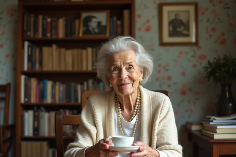 Femme française de 95 ans souriante dans un appartement parisien classique tenant une tasse de thé en porcelaine