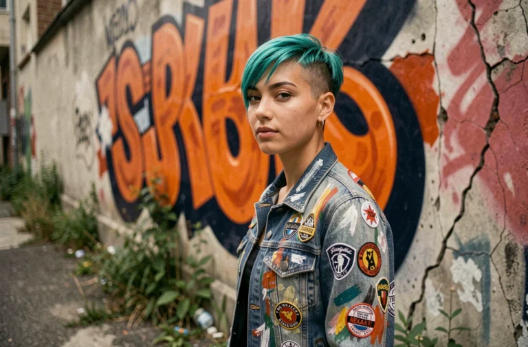 Jeune femme aux cheveux teals devant une fresque murale urbaine colorée, scène artistique alternative