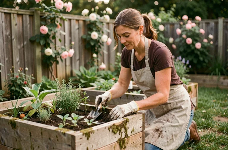 Femme jardinant dans un potager surélevé en bois avec des gants et une truelle, entourée de plantes aromatiques et de légumes dans un jardin verdoyant