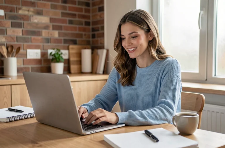 Jeune femme souriante utilisant un ordinateur portable gratuit dans une cuisine moderne, entourée de carnets et d'une tasse de café