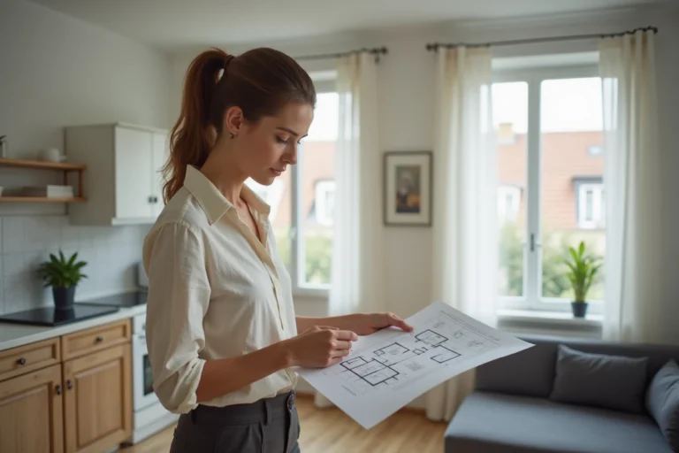 Femme étudiant le plan d'un appartement F2 ou T2 dans un petit salon avec cuisine ouverte