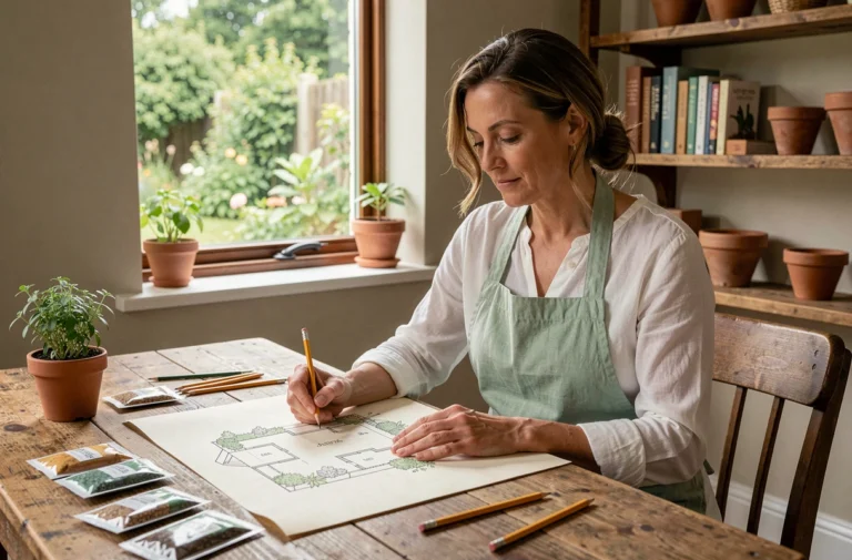 Femme organisant un plan de site pour son blog jardin sur un bureau en bois rustique avec des carnets et des sachets de graines