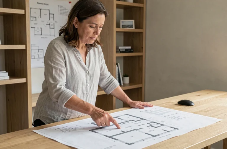 Femme consultant un plan détaillé d'habitat posé sur un bureau en bois dans un espace de travail moderne
