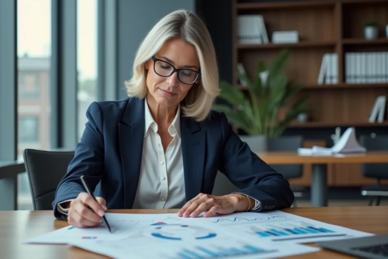 Femme professionnelle analysant des graphiques d'investissement dans un bureau moderne