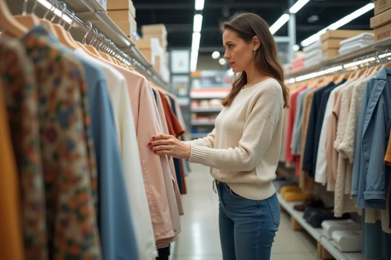 Femme d'une quarantaine d'années examinant la qualité d'un vêtement sur un portant dans le rayon textile d'un Intermarché