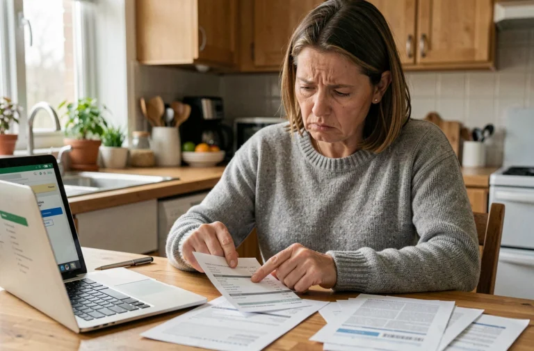 Femme inquiète examinant un relevé bancaire papier avec un prélèvement suspect de l'imprimerie Natio