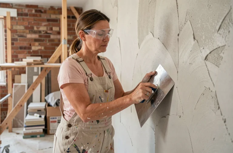 Femme en train d'appliquer de l'enduit sur un mur lors de travaux de rénovation intérieure