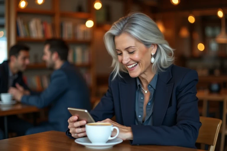 Femme senior élégante souriante devant son smartphone dans un café parisien, illustrant la rencontre amoureuse après 60 ans