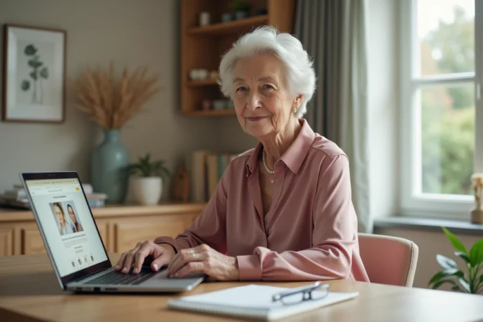 Femme senior sereine devant son ordinateur sur un site de rencontre haut de gamme pour seniors, dans un bureau élégant à la maison