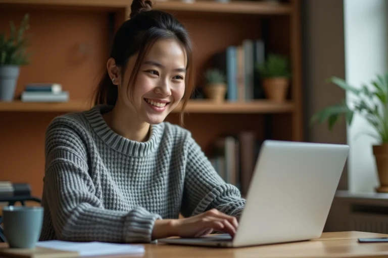 Jeune femme téléchargeant des fichiers sur un site de téléchargement depuis son bureau à domicile