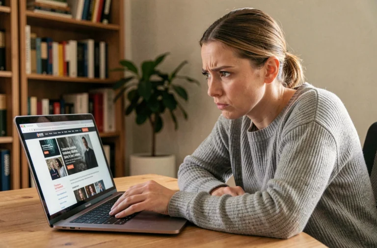 Femme vérifiant un site internet suspect sur son ordinateur portable à domicile, expression méfiante