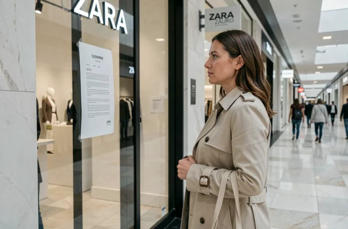 Femme devant une vitrine Zara avec affiche de fermeture dans un centre commercial français