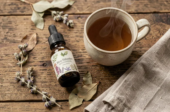 Flacon de teinture de plantes medicinales et tisane pour accompagner une démarche minceur naturelle