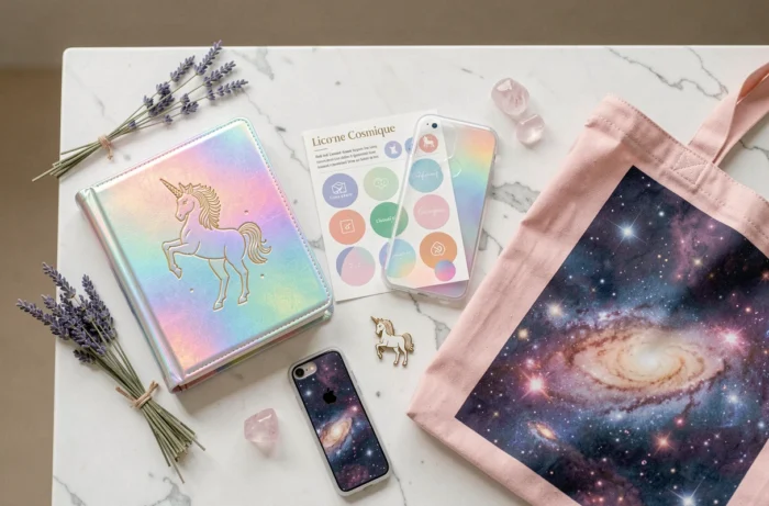Flat lay des derniers produits de l'univers Licorne Cosmique incluant journal irisé, stickers et accessoires holographiques sur marbre blanc