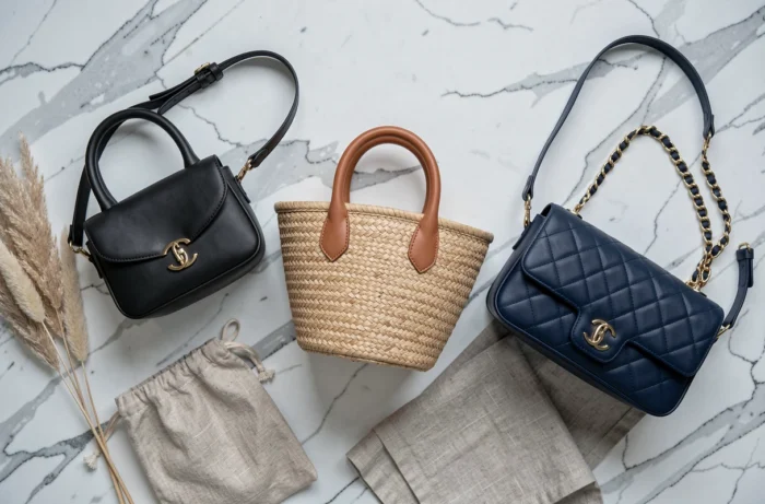 Flat lay de trois sacs tendance posés sur une surface en marbre blanc avec accessoires minimalistes