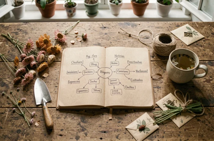 Vue de dessus d'un carnet de plan de site pour blog jardin entouré de fleurs séchées, graines et accessoires de jardinage sur une table en bois
