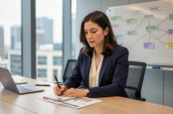 Une professionnelle en blazer marine prend des notes lors d'une formation en entreprise dans une salle de réunion moderne