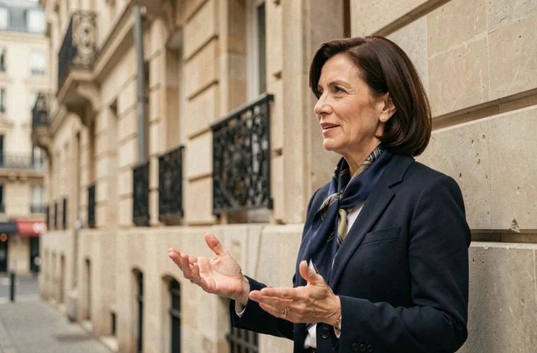 Femme élégante en blazer marine parlant avec raffinement devant une façade haussmannienne à Paris, illustrant le français parlé dans la capitale
