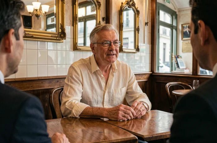 Homme distingué conversant avec élégance dans une brasserie traditionnelle à Lyon, symbole du parler français soigné de la région
