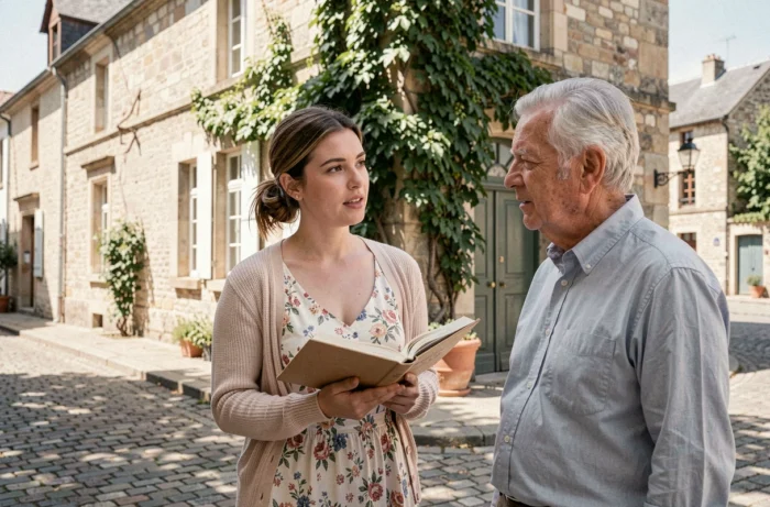 Jeune femme conversant sur une rue pavée de Tours en Val de Loire, région reconnue pour la pureté et l'élégance du français parlé
