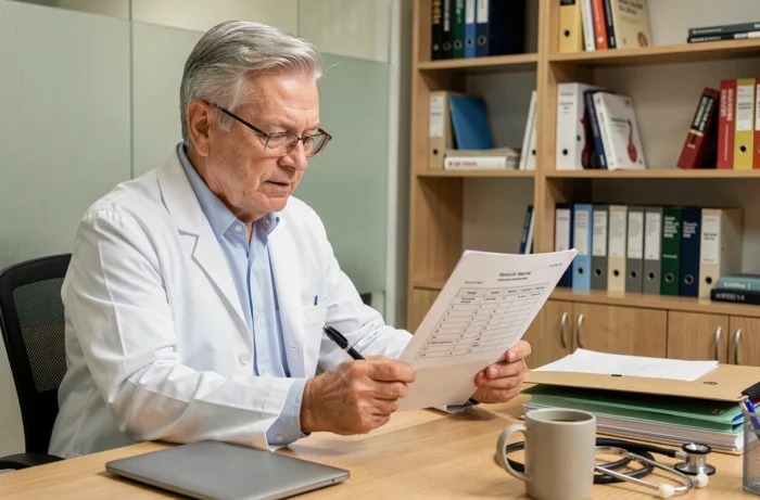 Gériatre analysant un formulaire d'évaluation de la marche et de l'équilibre de Tinetti imprimé sur son bureau médical