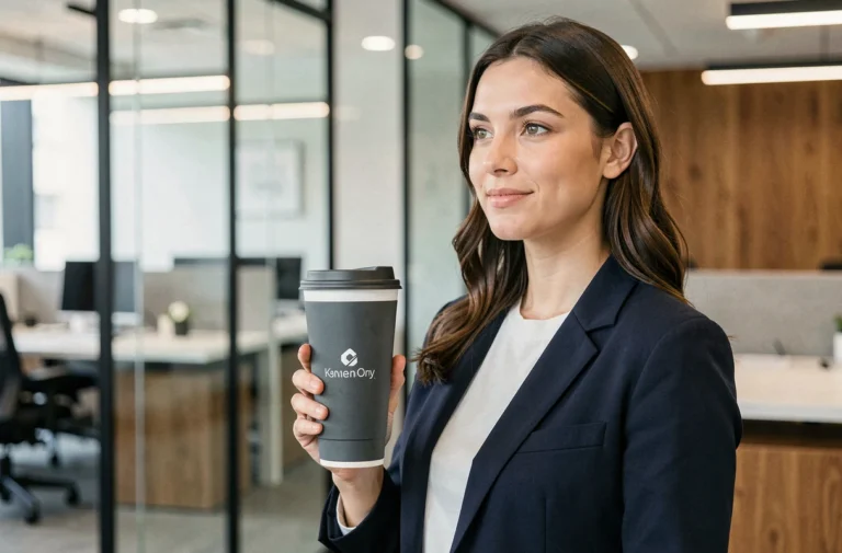 Femme professionnelle tenant un gobelet personnalisé aux couleurs d'une marque dans un bureau moderne, illustrant une solution de communication originale