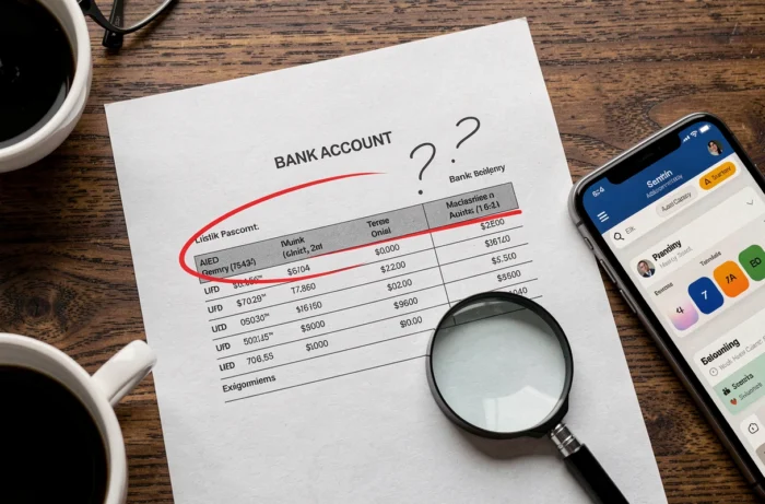 Gros plan sur un relevé bancaire avec un prélèvement cerclé en rouge et une annotation manuscrite interrogative
