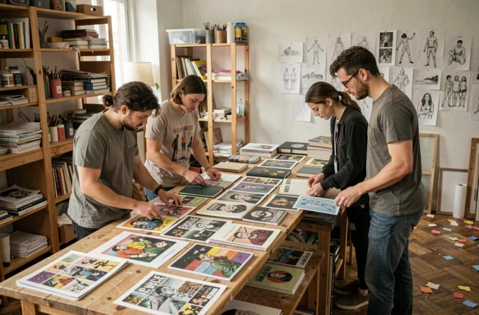 Groupe d'artistes autour d'une table de travail dans un studio collaboratif rempli de zines et collages alternatifs