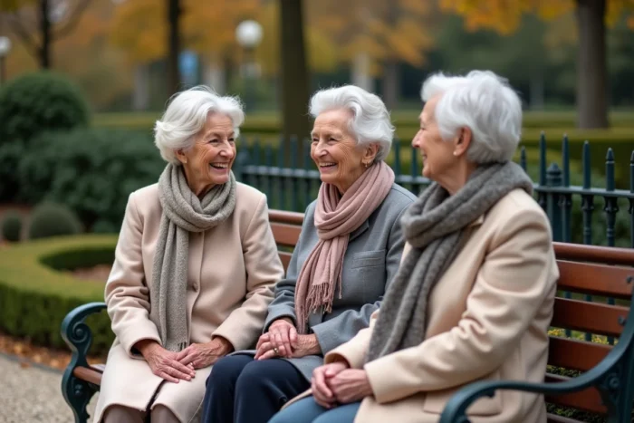 Trois femmes âgées françaises riant ensemble sur un banc dans un jardin public en automne