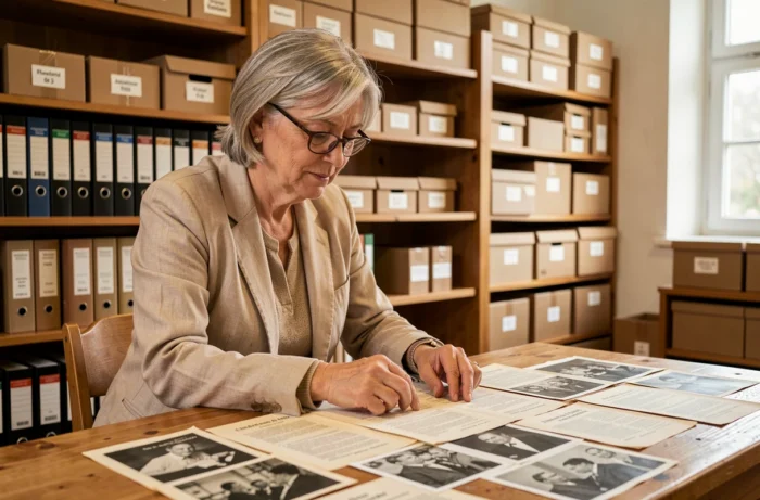 Historienne française consultant des archives de menus et photos de chaînes de restaurants disparues