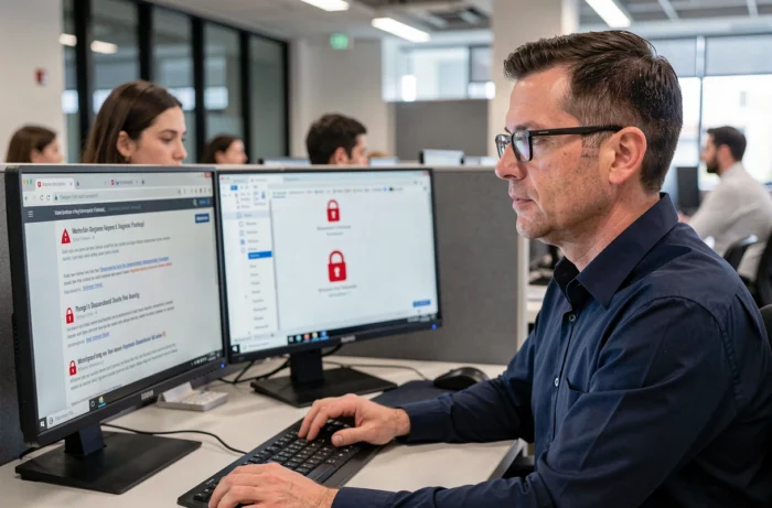 Homme analysant des avertissements de sécurité sur un site internet non fiable dans un bureau professionnel