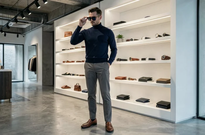 Homme élégant dans une boutique de mode examinant des lunettes de soleil premium entouré d'accessoires Zaza Mode