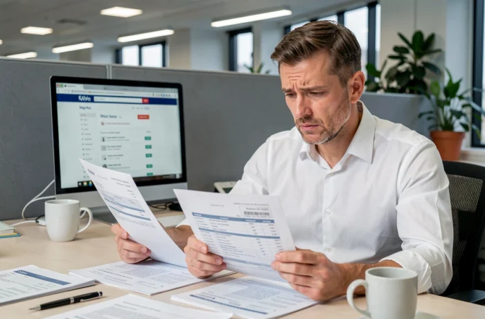 Homme au bureau comparant un relevé bancaire et une facture pour identifier un prélèvement frauduleux