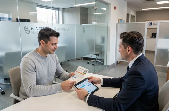 Un homme en pull gris discute avec un conseiller bancaire dans une agence moderne, comparant des offres d'assurance sur une tablette pour optimiser sa gestion financière