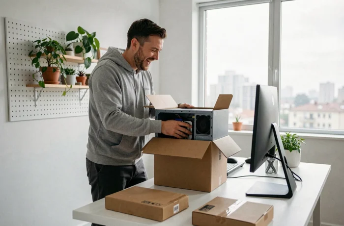 Homem desembrulhando um computador de mesa recondicionado em um escritório em casa minimalista com vista para a cidade