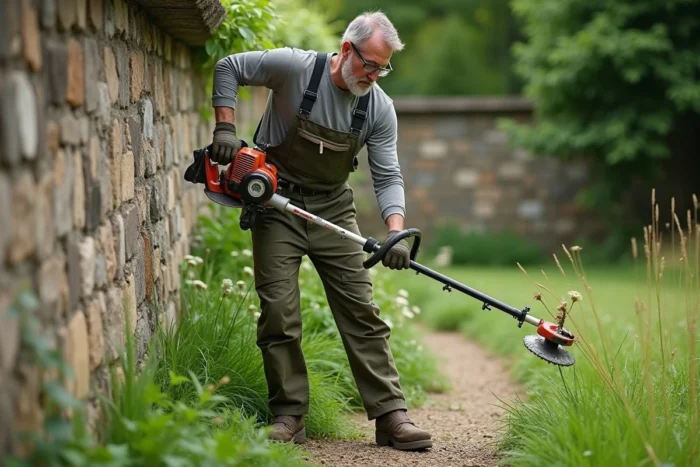 Homme utilisant une débroussailleuse thermique pour entretenir une haie de jardin envahie par les herbes sauvages