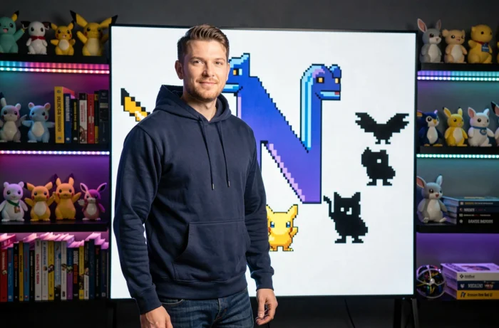 Homme passionné de Pokémon devant un écran LED affichant la lettre N entourée de silhouettes de Pokémon dans une salle de gaming