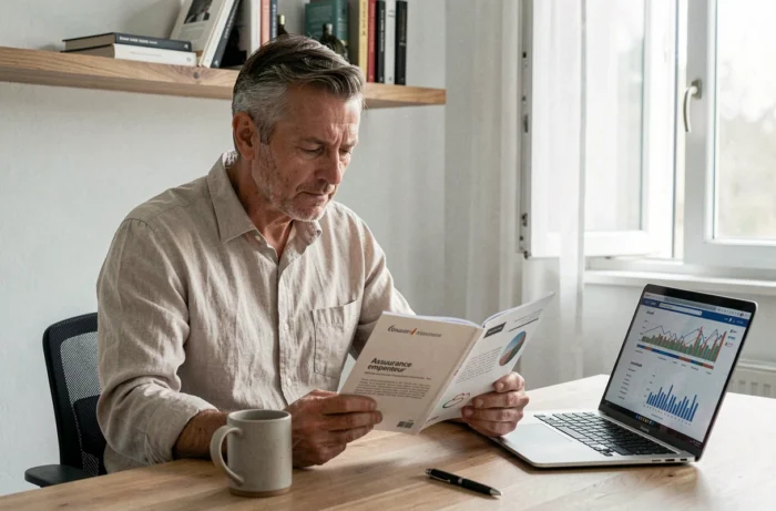 Mann, der aufmerksam einen Kreditnehmerversicherungsvertrag in seinem Homeoffice liest