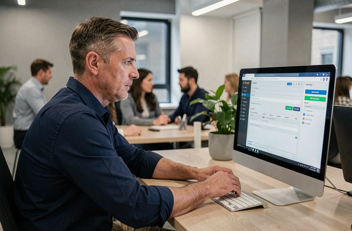 Homme en chemise bleue mettant à jour ses informations sur un portail administratif URSSAF dans un espace de coworking