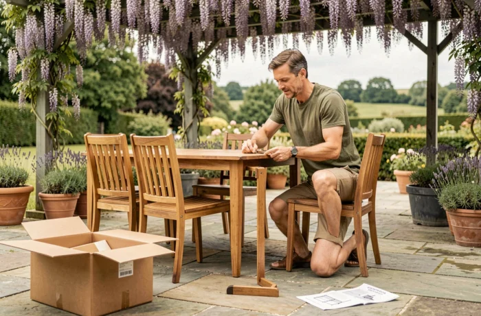Homme assemblant un salon de jardin en teck sur une terrasse en pierre avec une pergola fleurie et des plantes en pot autour