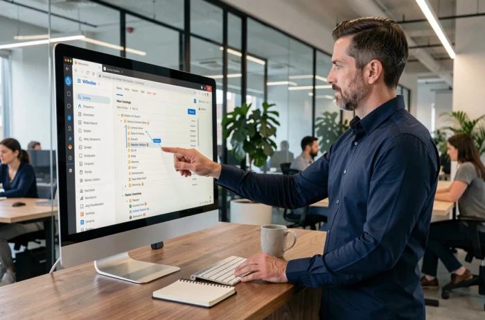 Uomo che naviga sulla mappa di un sito di rivista online dalla sua postazione di lavoro in open space