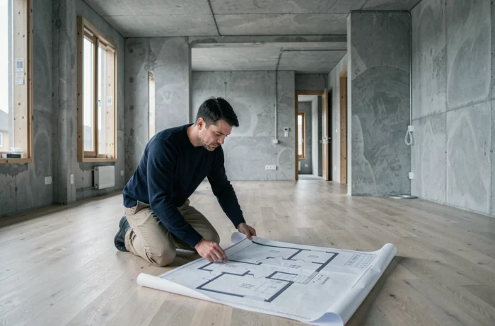 Homme déroulant un plan d'habitat architectural sur le sol d'un appartement en rénovation