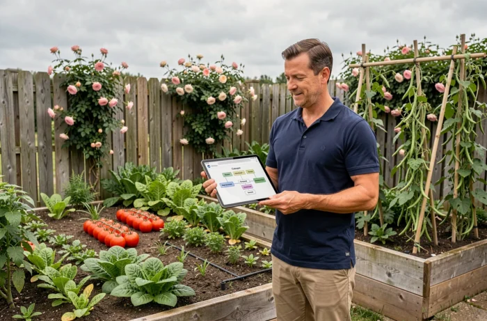 Homme consultant un plan de site de blog jardin sur tablette au milieu d'un potager bien organisé avec des carrés de culture