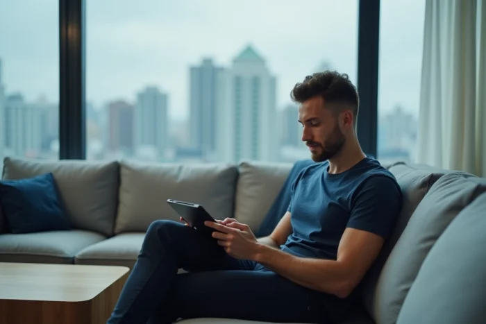 Homme utilisant une tablette pour télécharger des fichiers sur un site de téléchargement depuis son salon