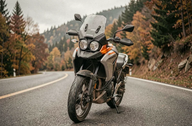 Honda CB500X garée sur une route de montagne sinueuse lors d'un essai longue durée