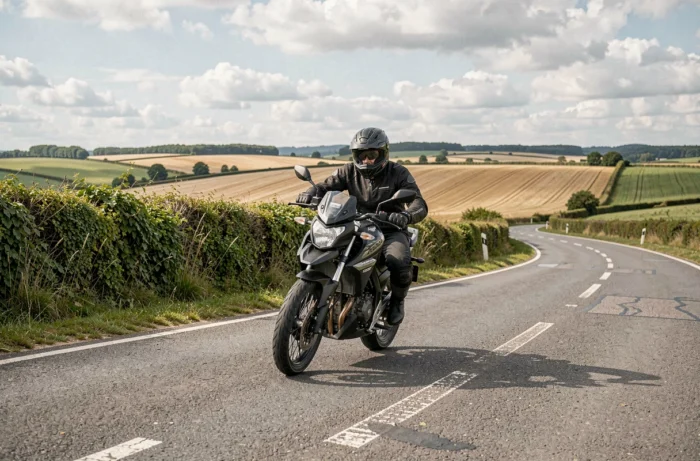 Honda CB500X en pleine courbe sur une route de campagne pendant un essai de comportement routier