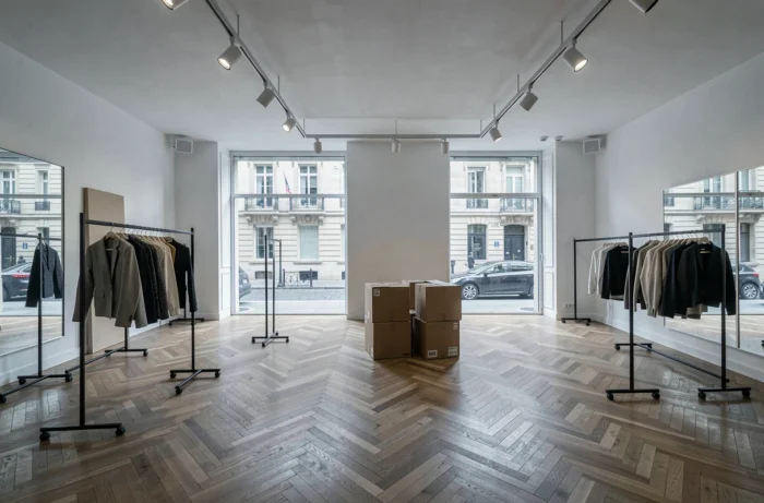 Interno vuoto di un negozio Zara in fase di chiusura con scaffali smontati in Francia